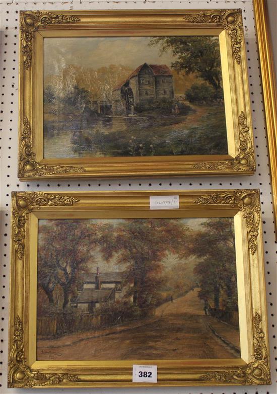 Pair of gilt framed oils, watermill & other